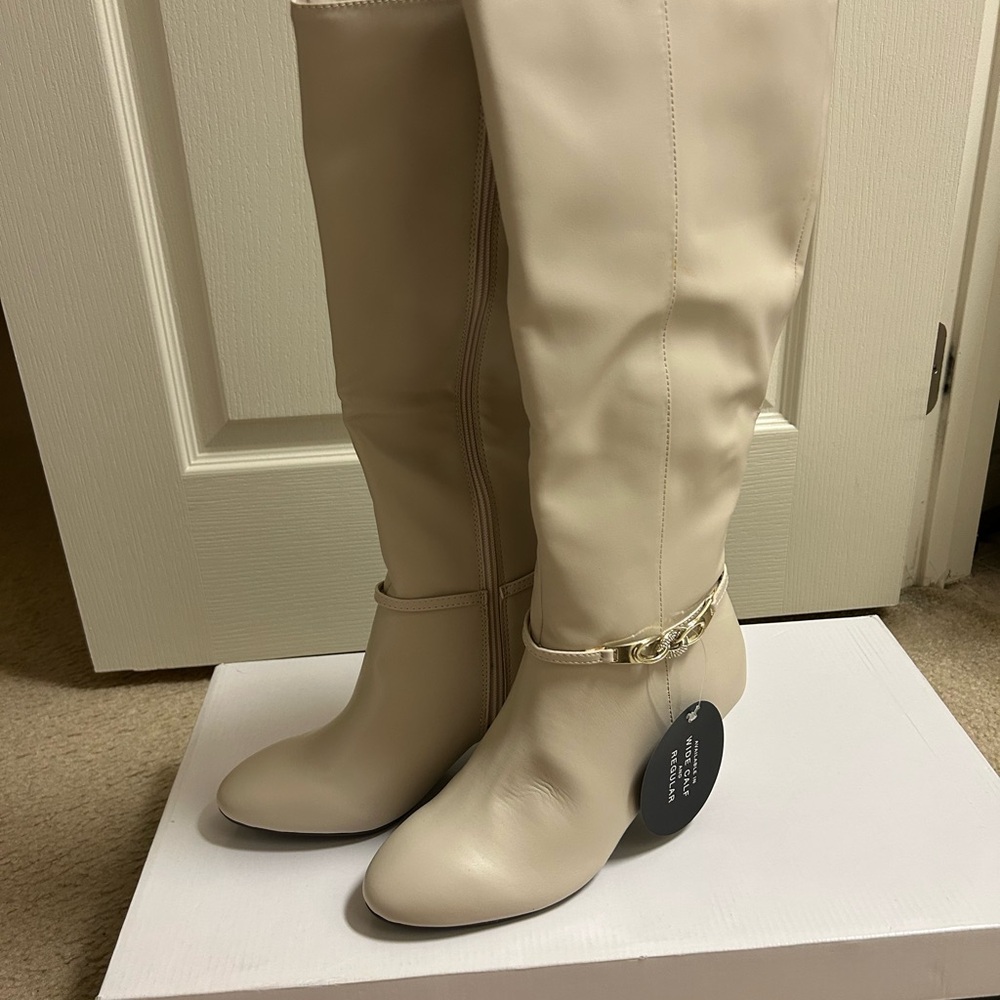 Cream Over-the-Knee Boots with Streamlined Design